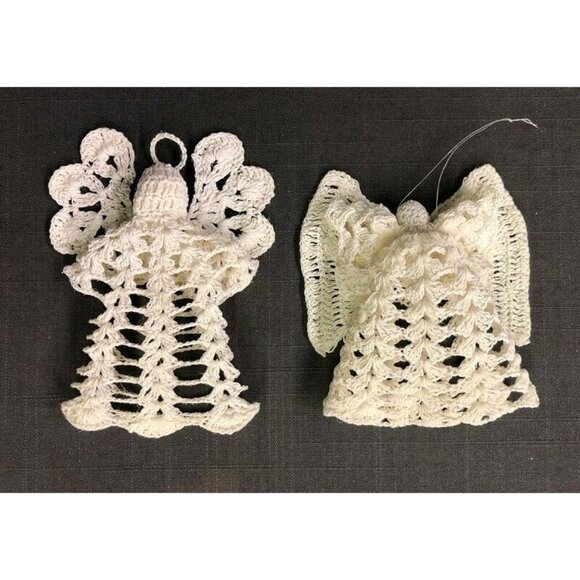 Angel Ornaments 2 Vintage Crochet Handcrafted Christmas Starched White Wings - Picture 2 of 10